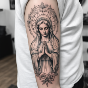virgin mary arm tattoo